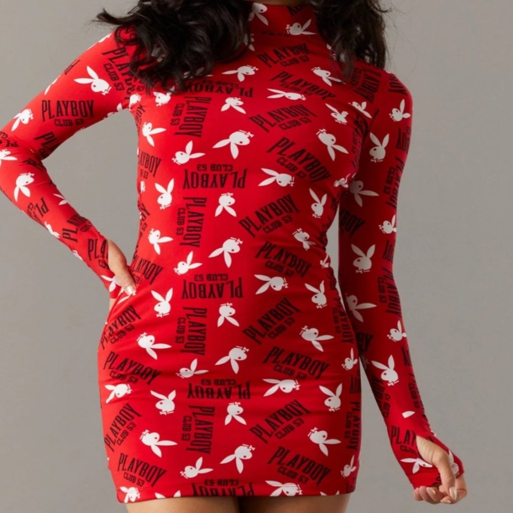 PLAYBOY Logo Print Mock Neck Mini Dress Size Small